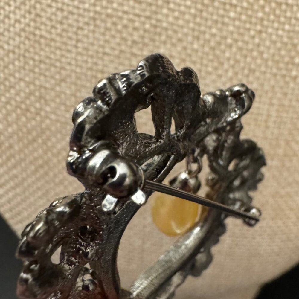 Antique-Style Silver Floral Brooch With Dangling Faux Pearl Accent - Picture 5 of 9